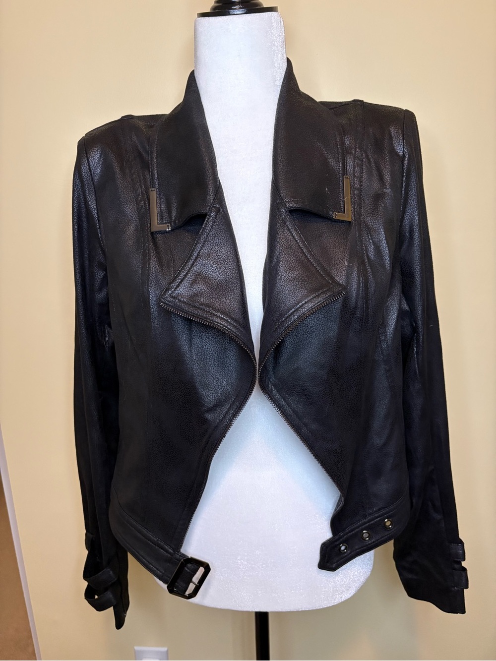 Joseph Ribkoff Black Draped Faux Leather Jacket sz M